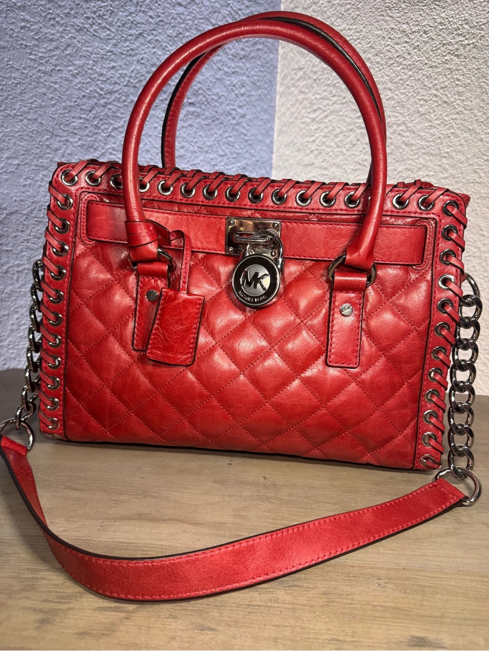 Michael Kors Hamilton Red Quilted Leather Whipstitch Satchel Bag